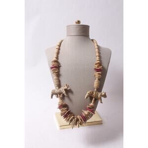 Vintage Leopard Wooden Carved Beaded Safari Necklace African ~ 260304-WH 1032